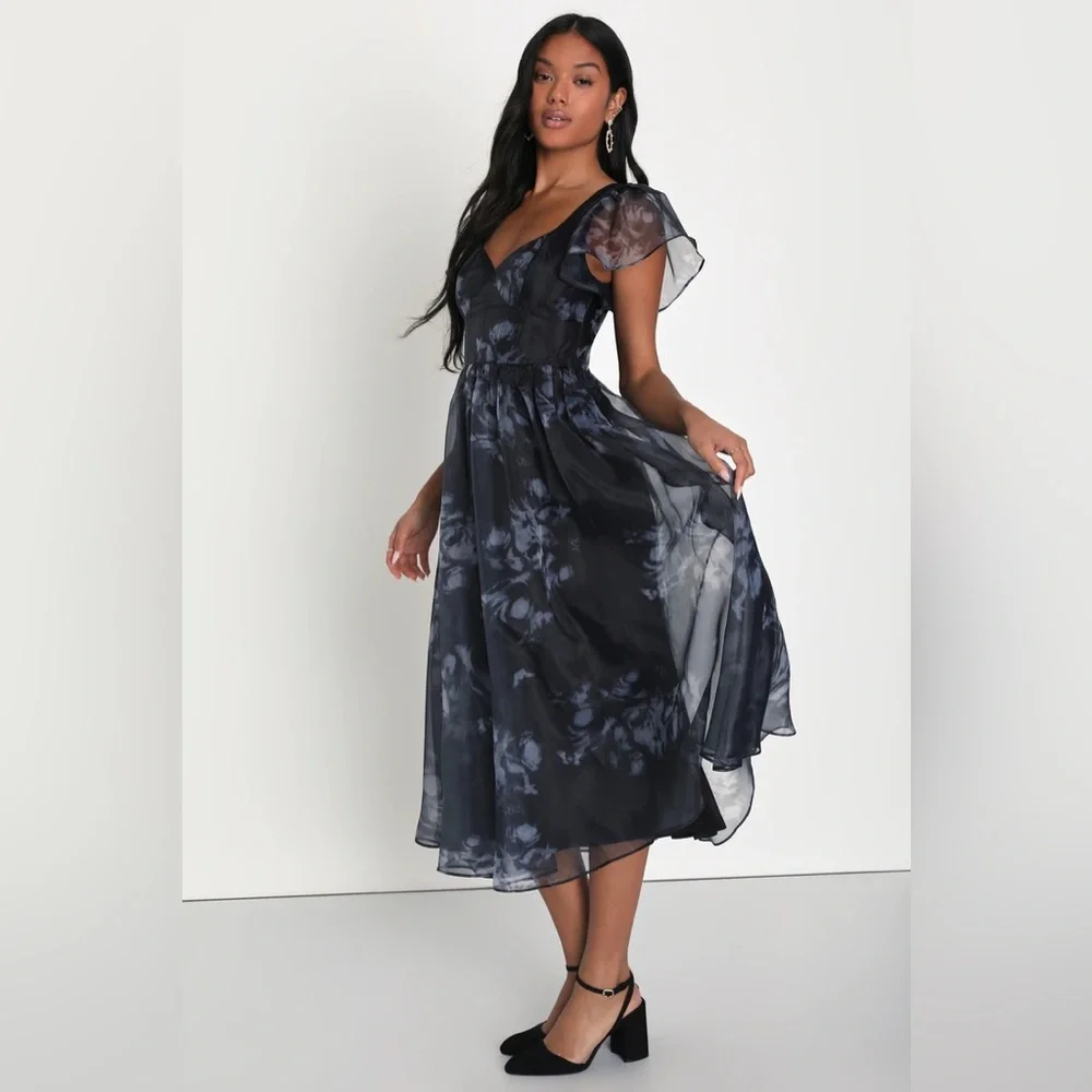 Lulu's Navy and Black Floral Chiffon Midi Dress - Picture 2 of 4